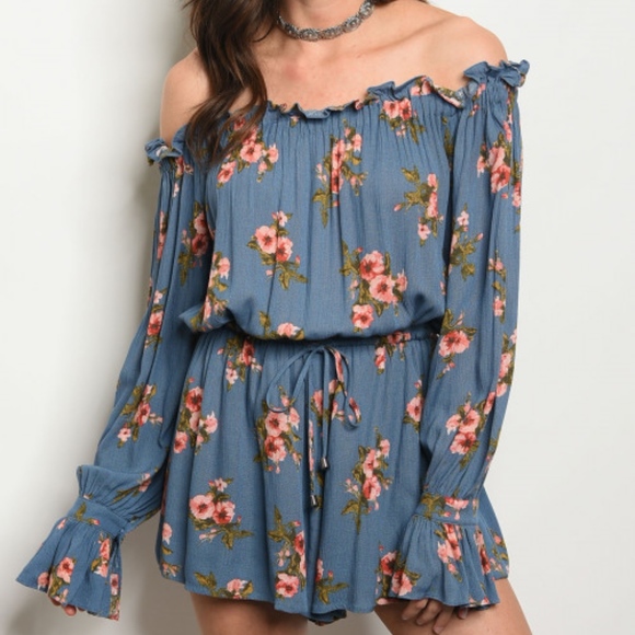 Pants - GIRLY & FLIRTY BLUE FLORAL OFF SHOULDER ROMPER